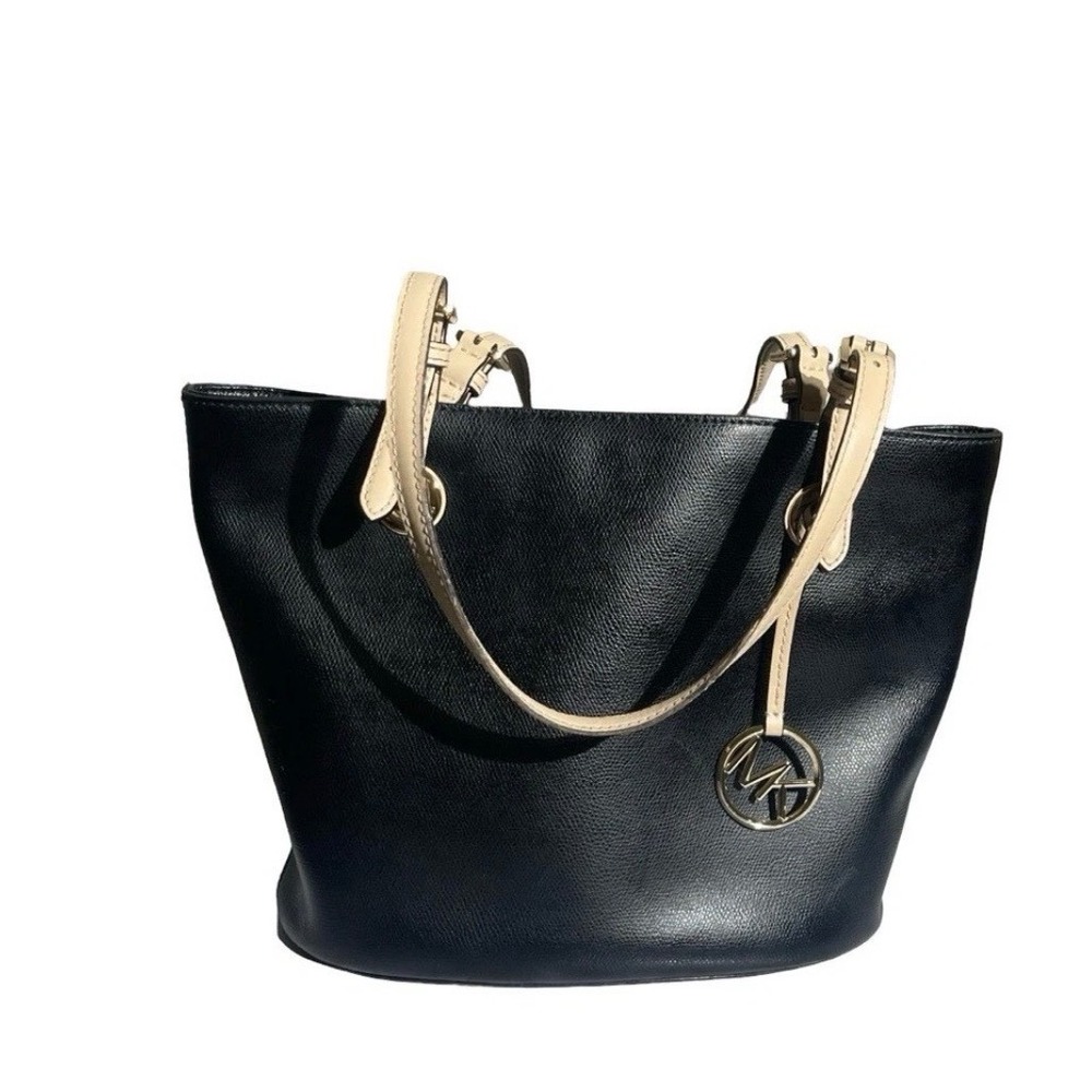 Michael Kors Black Leather Tote Shoulder Bag Beige Handles MK Charm